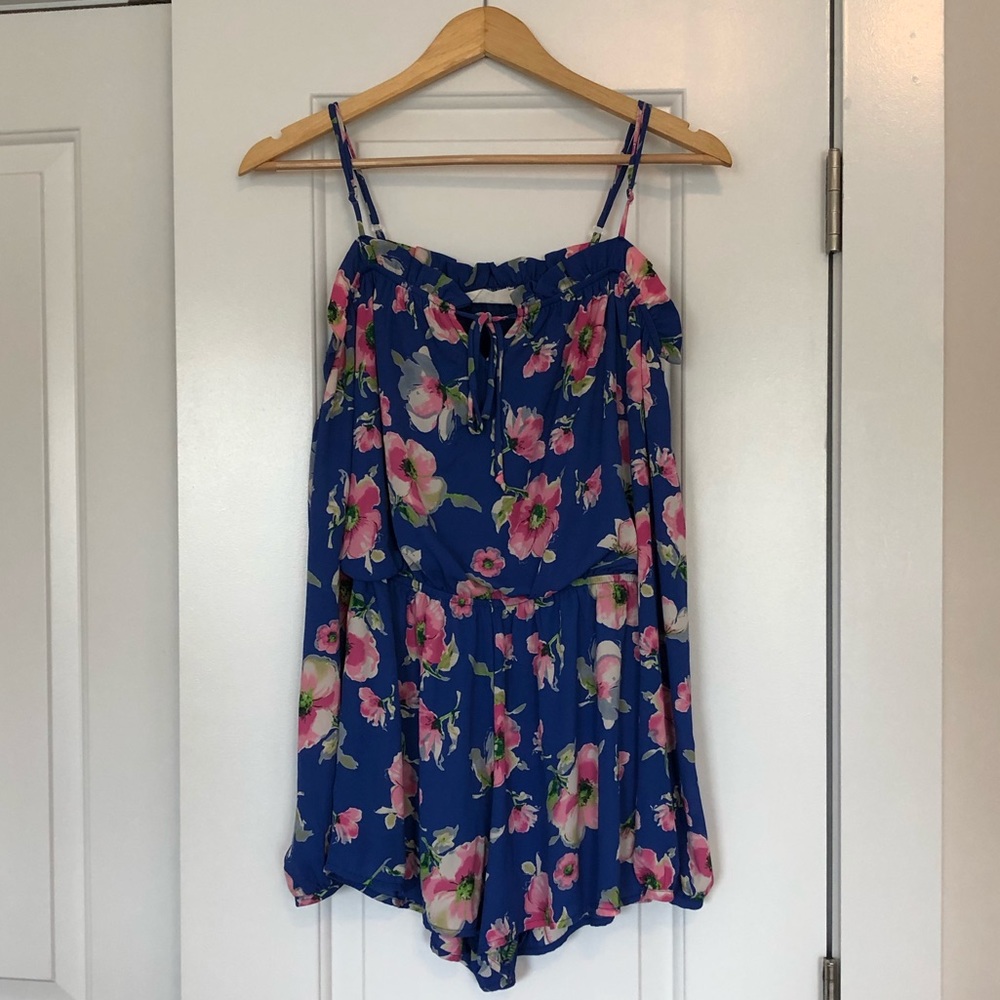 Blue and pink floral print romper
